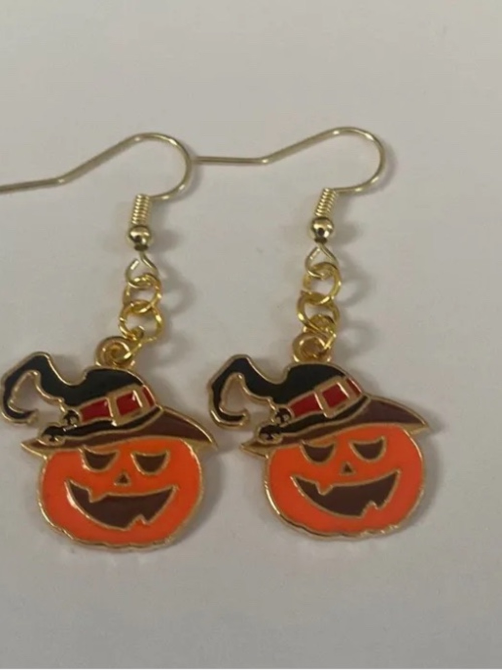 Gold-Tone Orange Pumpkin Witch Hat Dangle Earrings